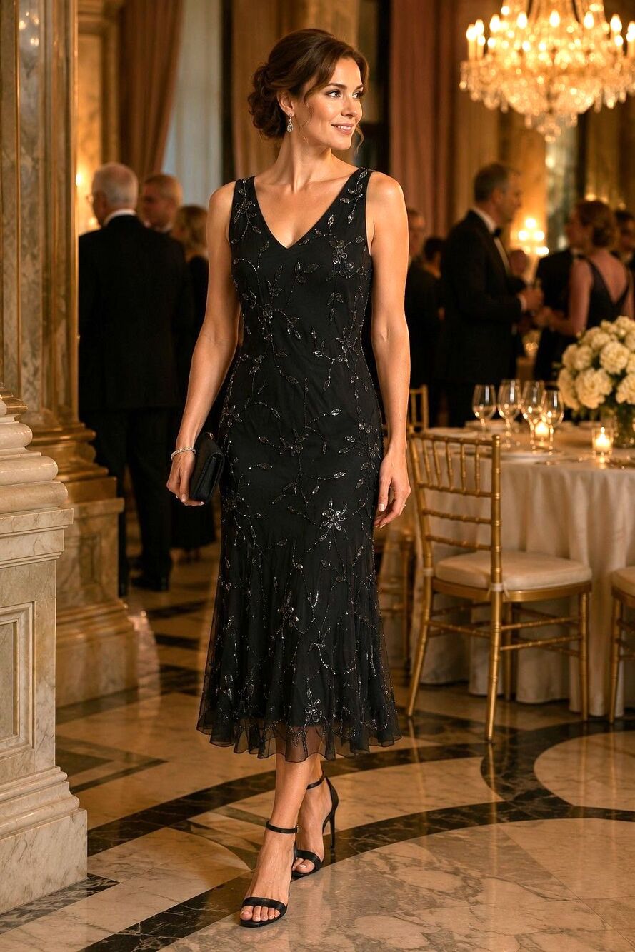 J Kara Vintage Black Beaded Midi Dress Size 10 Flapper Art Deco Formal Evening